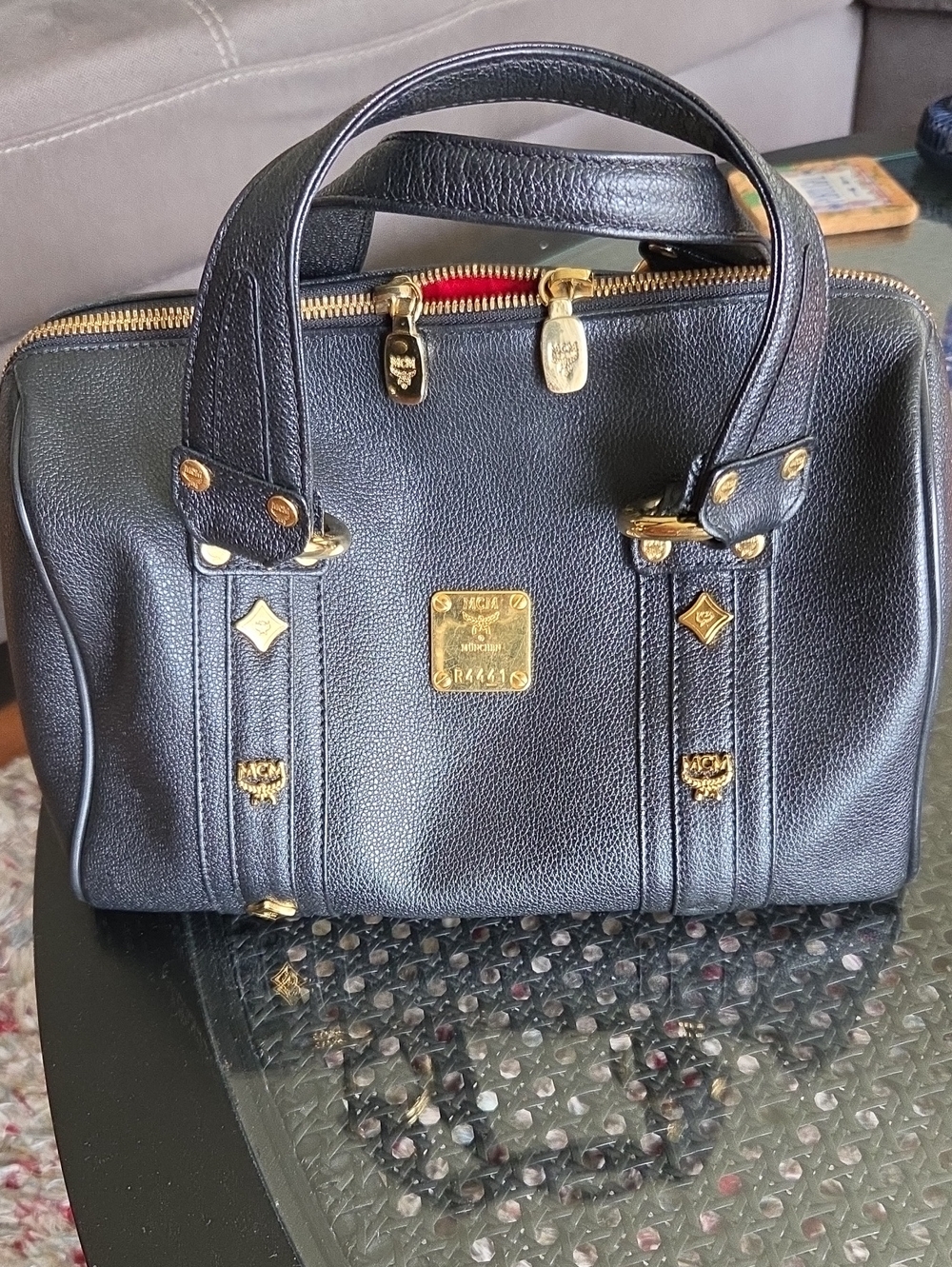 MCM Black Leather Boston Bag with Gold Hardware